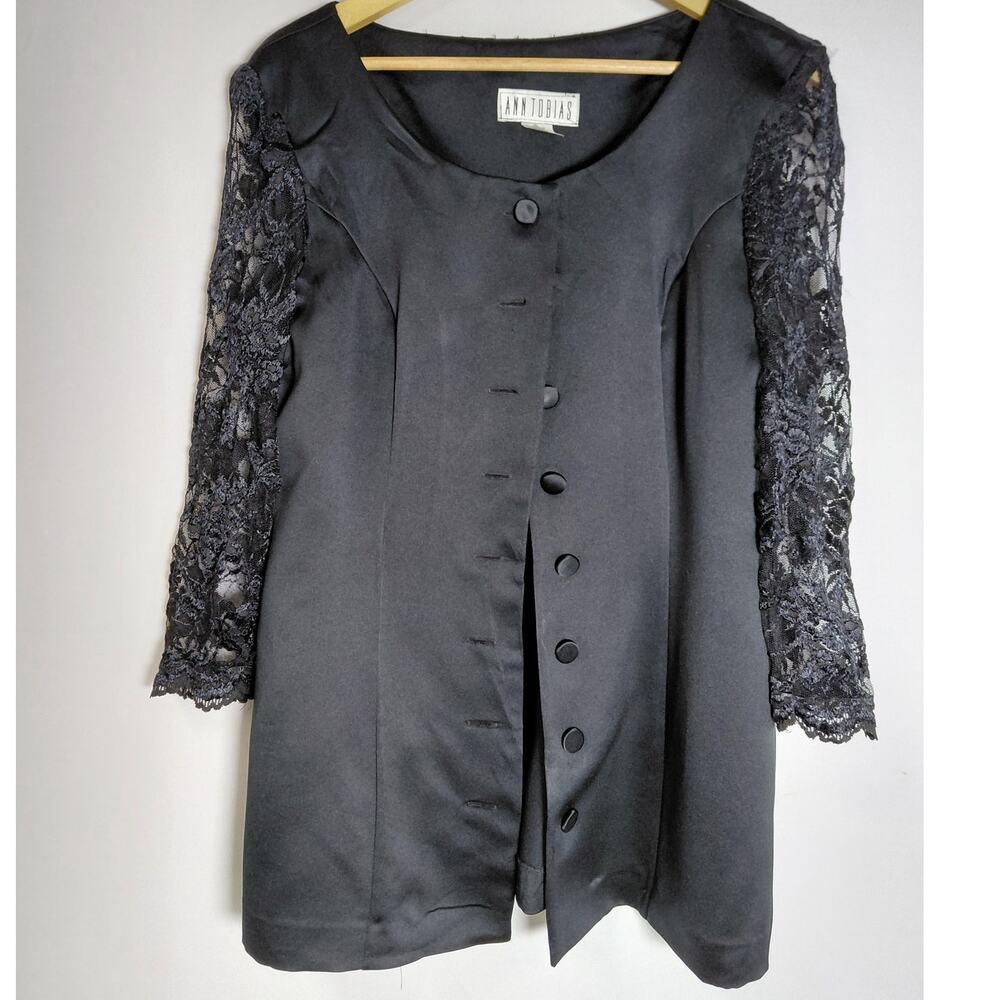 ANN TOBIAS Lace Sleeve Black Jacket Solid 3/4 Sleeve Women Size 10